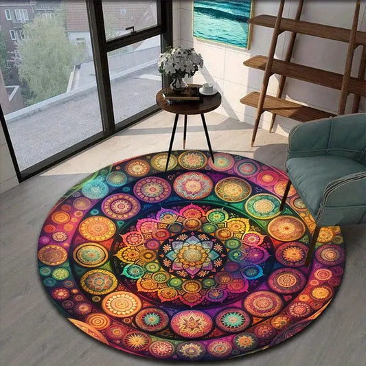 Round Mandala Polyester Area Rug - Soft, Non-Slip Carpet for Outdoor, Patio, Bedroom, Kitchen Home Decor - Durable and Colorful Design