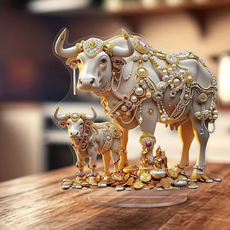 Luxurious Golden & Gemstone Acrylic Cow Statue