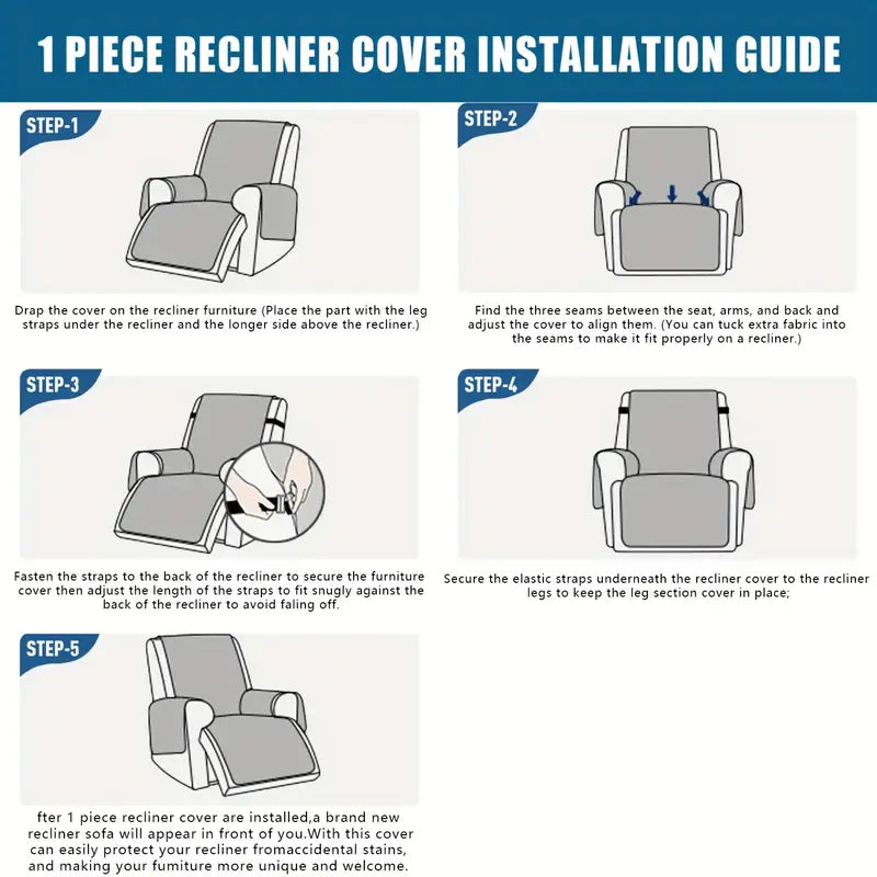 1pc Quilted Recliner Chair Cover With Pockets - Navy Blue