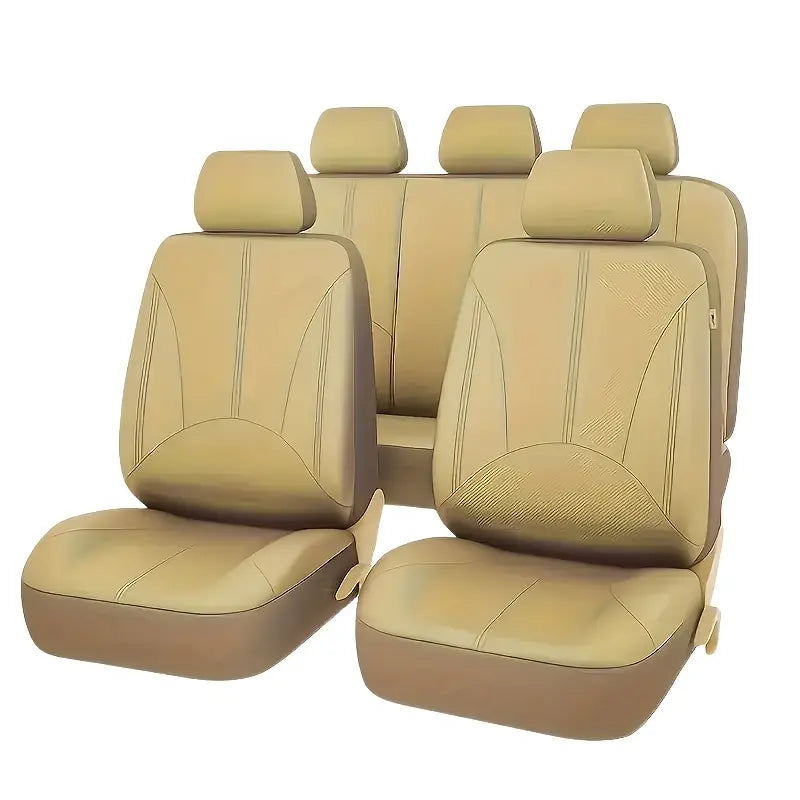 Faux Leather Universal Car Seat Cover 9pcs Set - Beige