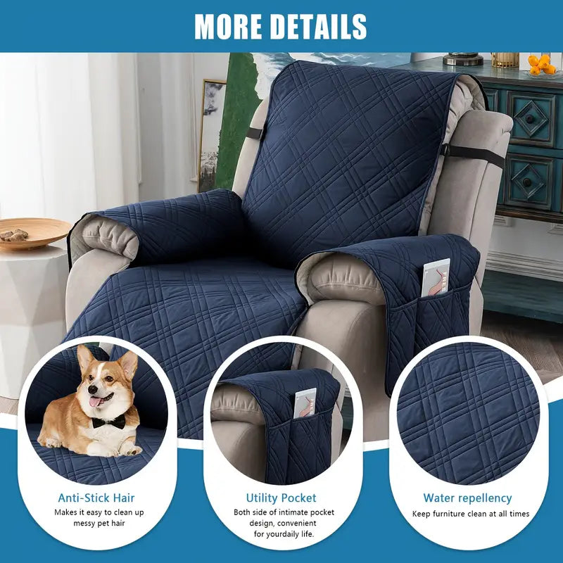 1pc Quilted Recliner Chair Cover With Pockets -Brown