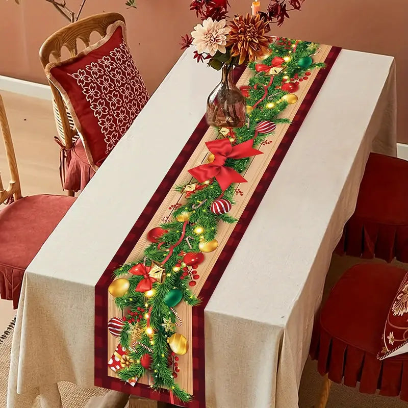 Merry Christmas Table Runner with Festive Bow & Vine Design