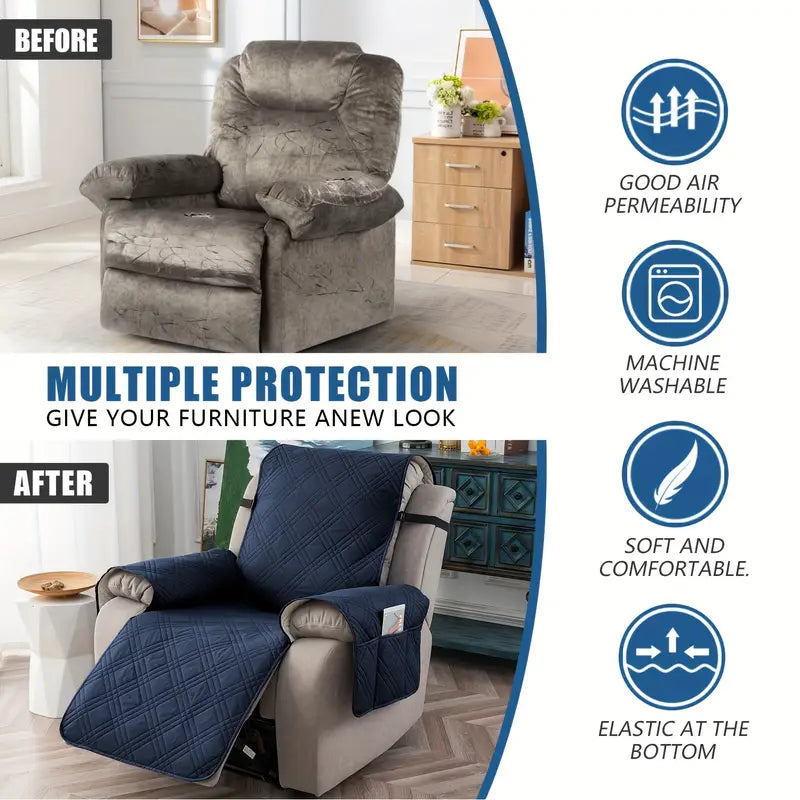 1pc Quilted Recliner Chair Cover With Pockets - Navy Blue