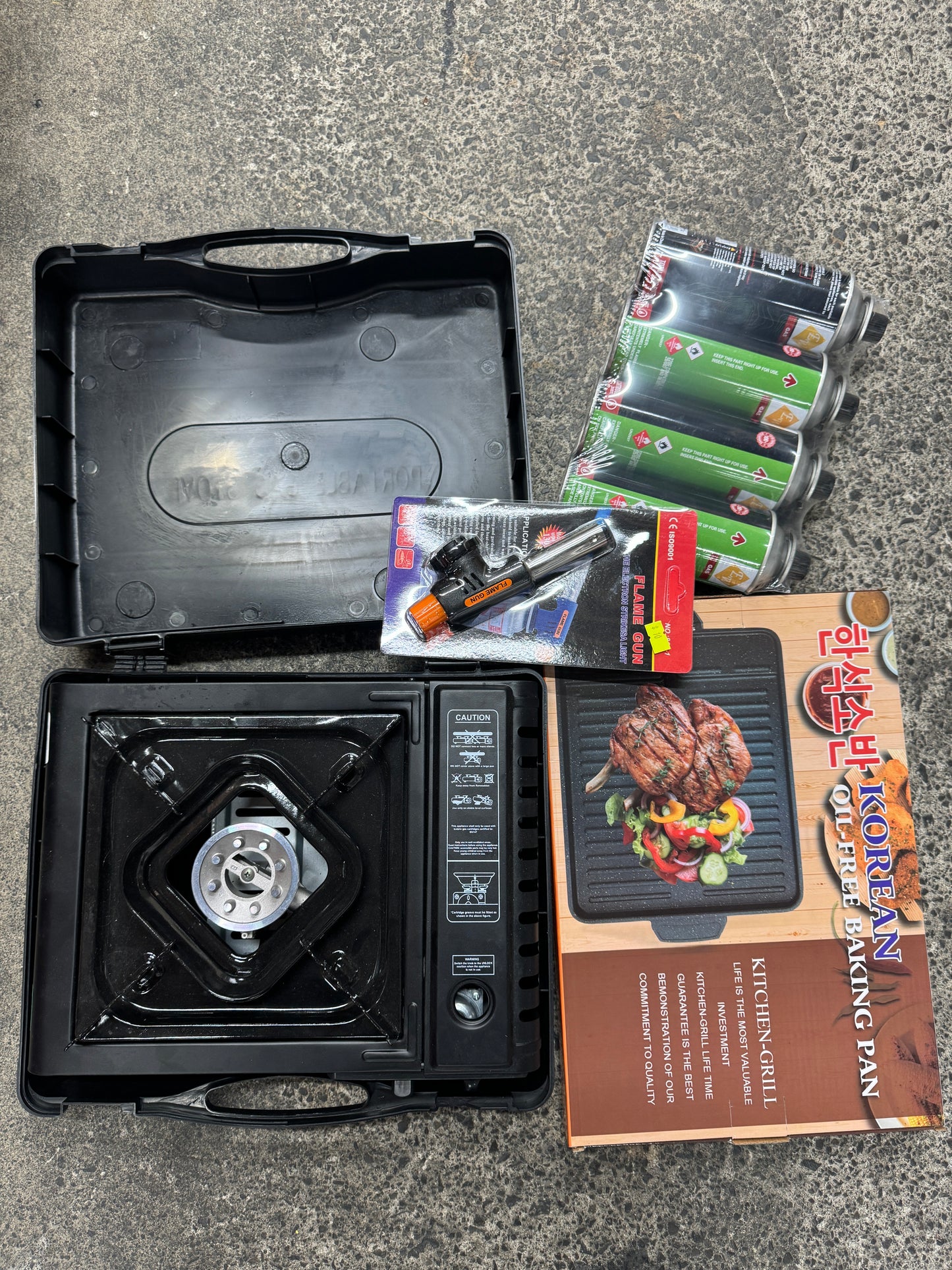 Camping Combo - Portable Burner + Barbeque Plate + Blow Torch + Butane gas cans
