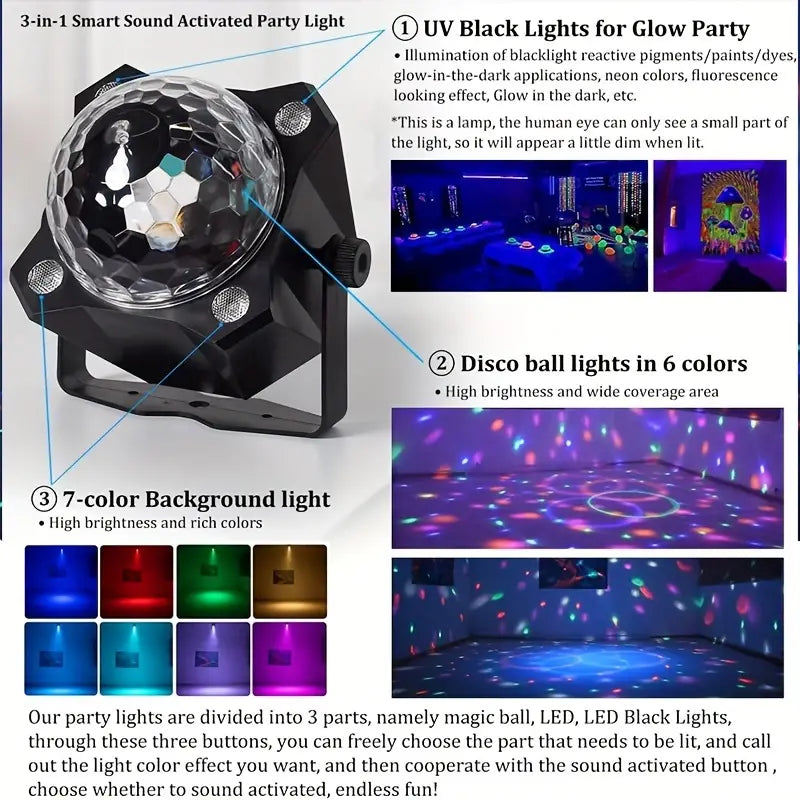 1pc Multi-color Disco Ball Party Lights Sound Activated LED DJ Strobe Light For Indoor Room Dance Parties Birthday Rave Home Club Karaoke Outdoor Stage Show Wedding Halloween Christmas Decorations