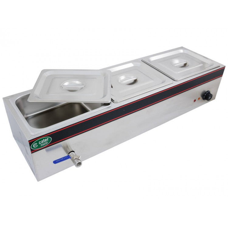 Hot Food Warmer Bain Marie 3x 1/2 GN Tray + Lids - 1.5kW - Commercial Bainmarie