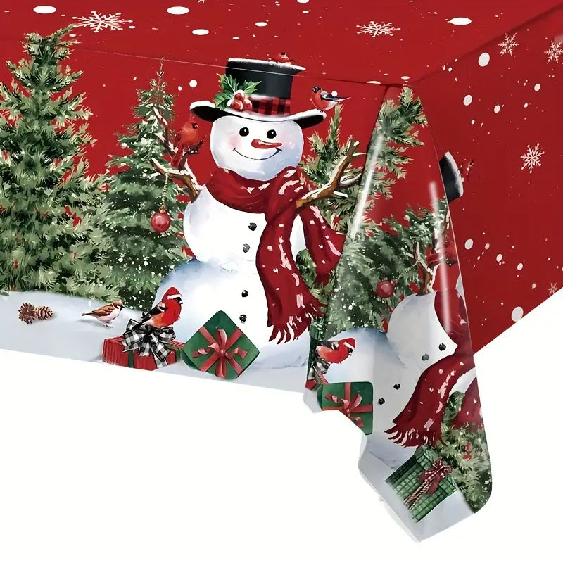Merry Christmas Red Tablecloth - Disposable Plastic with Snowman & Tree Design, Perfect for Holiday Decorations
