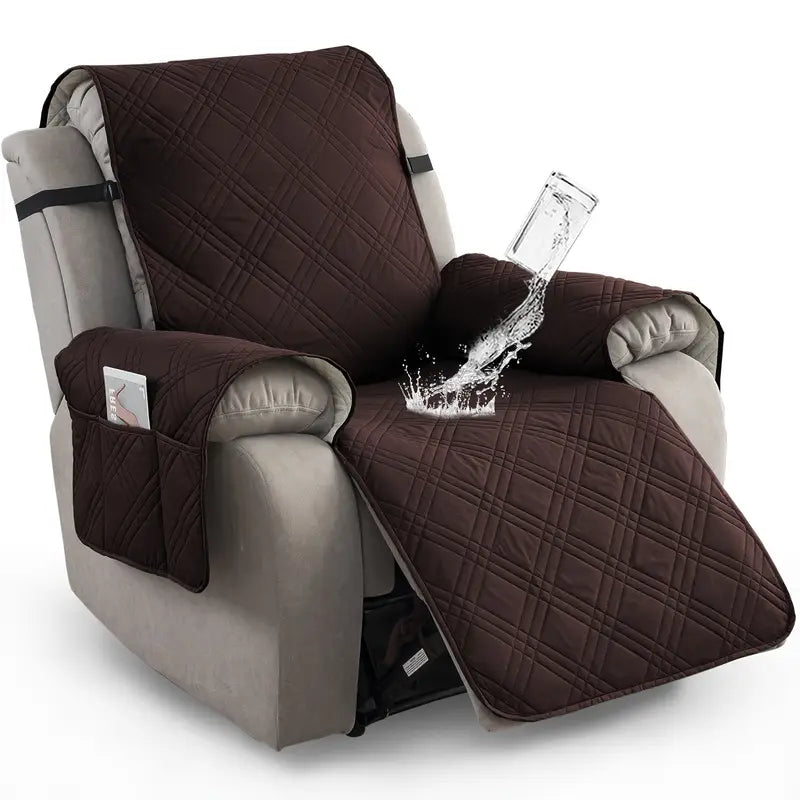 1pc Quilted Recliner Chair Cover With Pockets -Brown