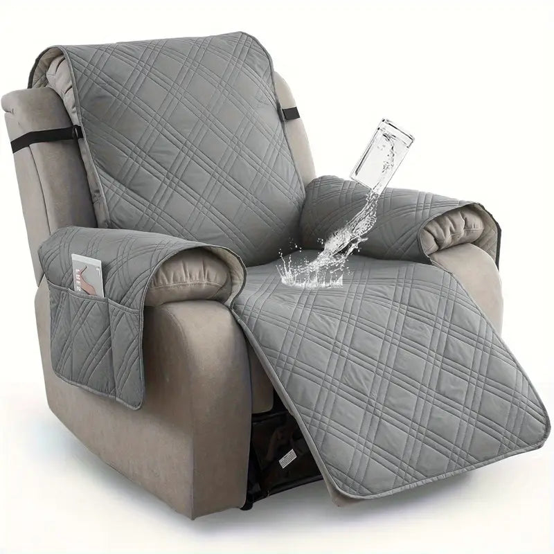 1pc Quilted Recliner Chair Cover With Pockets -Light Grey