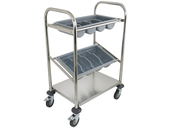 Stainless Steel Cutlery Trolley with 2 Trays & Shelf - 670 x 460 x 955mm High