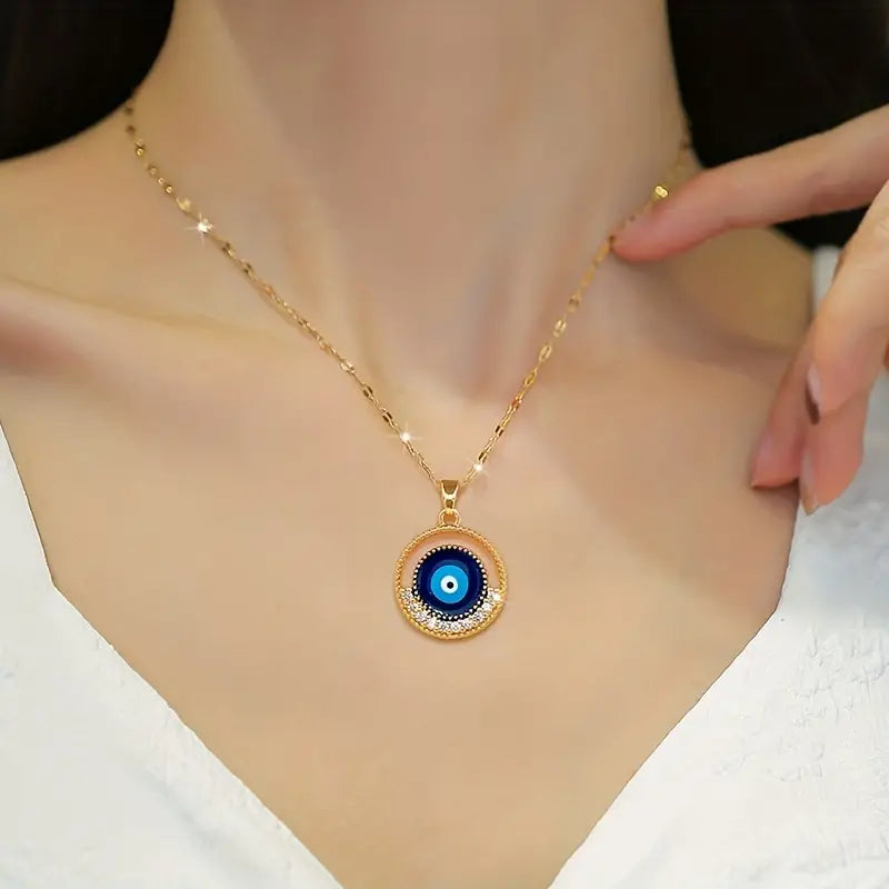 Stainless Steel Round Blue Eyes Pendant Necklace For Women Girl, Retro Clavicle Chain Jewelry Gift Party