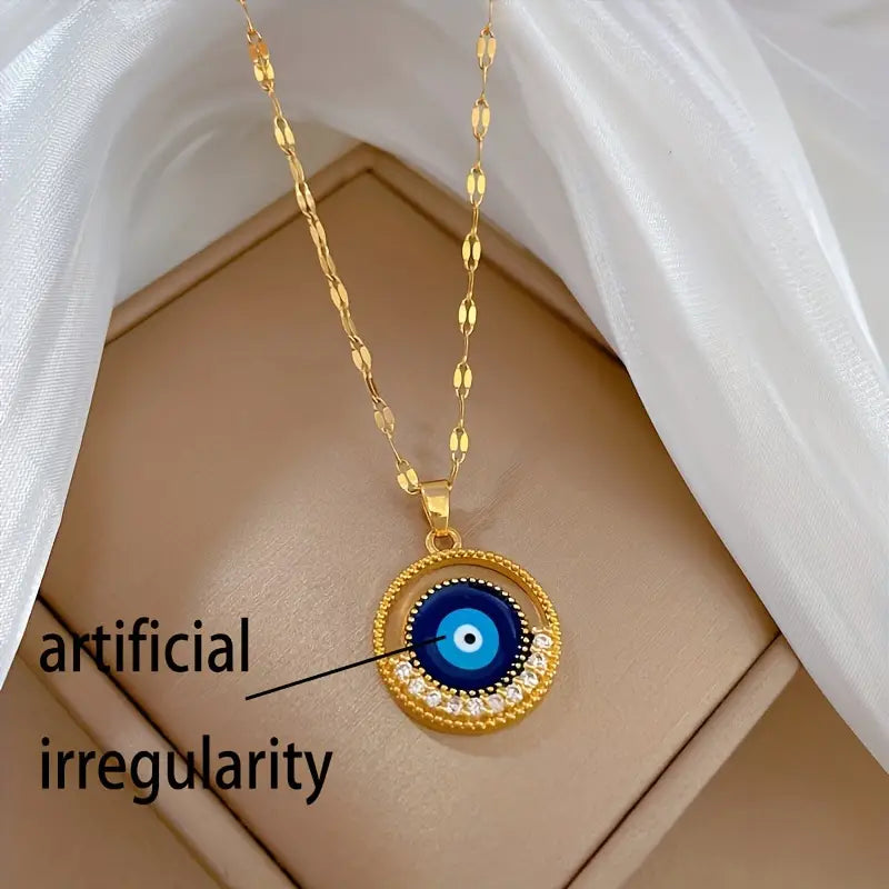 Stainless Steel Round Blue Eyes Pendant Necklace For Women Girl, Retro Clavicle Chain Jewelry Gift Party