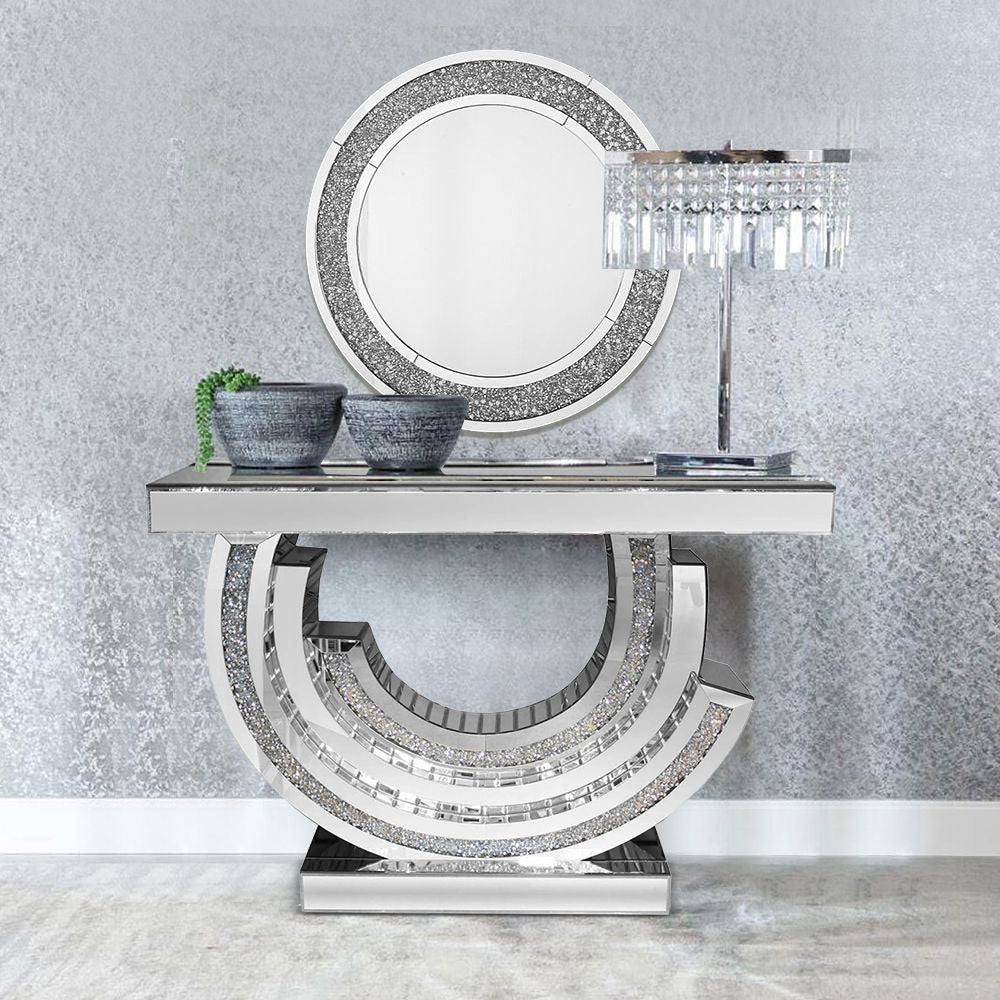 Designer Glass Console Table With Crushed Diamond Mirror Set