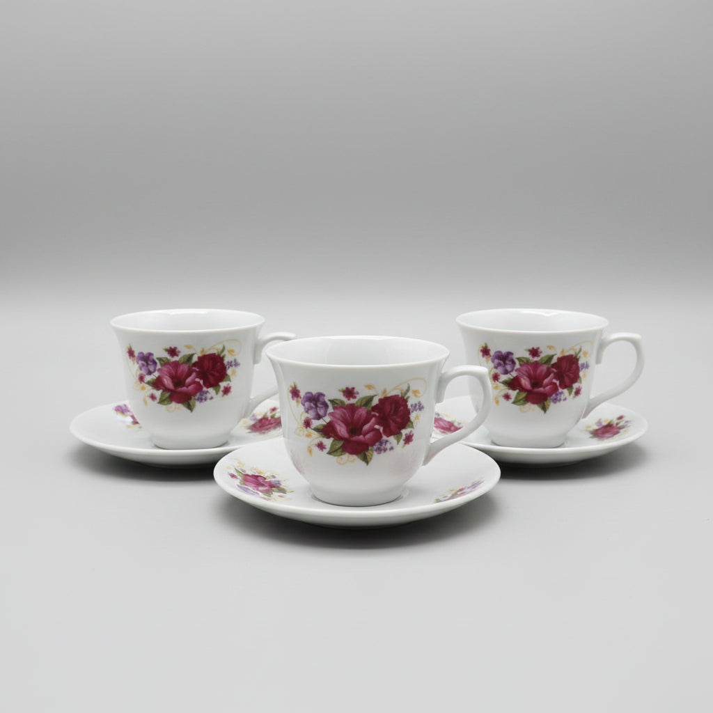 Cup and Saucer 12 pcs Set Floral White Type 2