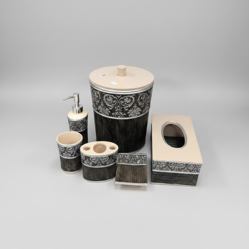 6 pc Bathroom Set Carved Black