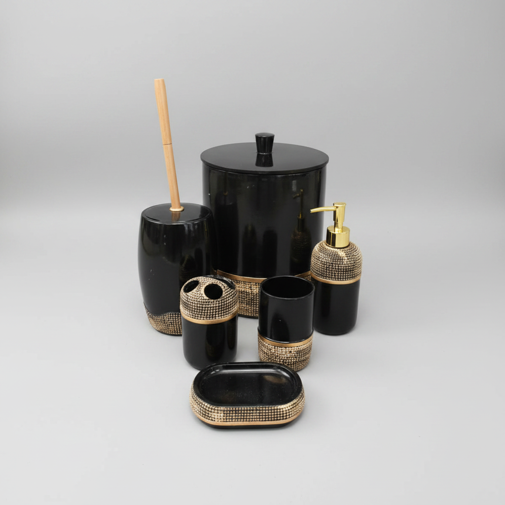 6 pc Bathroom Set Black and Gold