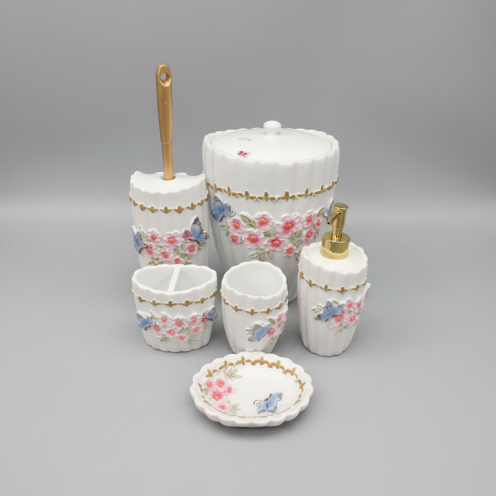 6 pc Bathroom Set Floral White