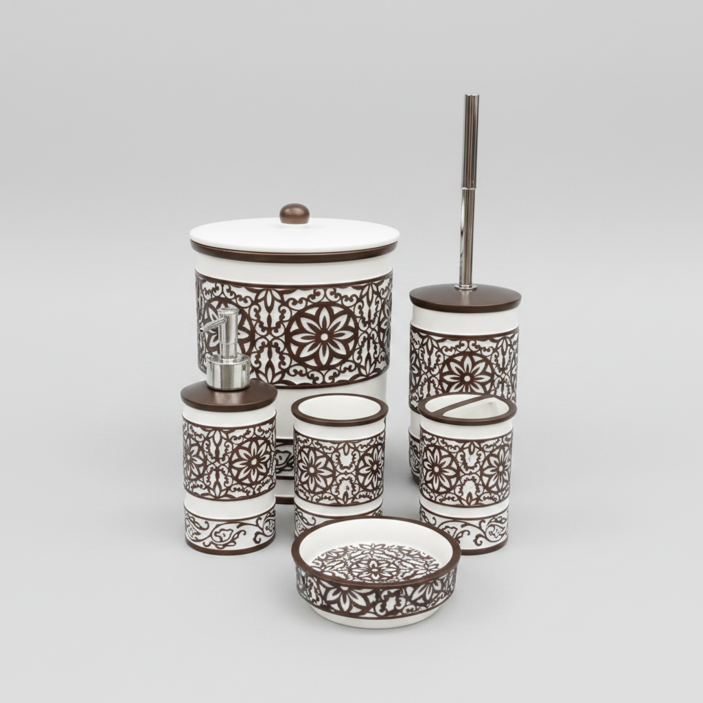 6 pc Bathroom Set Engraved White