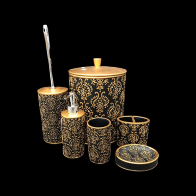 6 pc Bathroom Set Engraved Gold