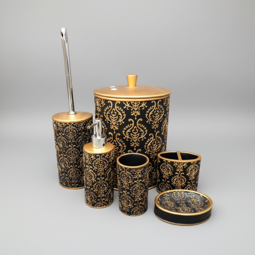 6 pc Bathroom Set Engraved Gold