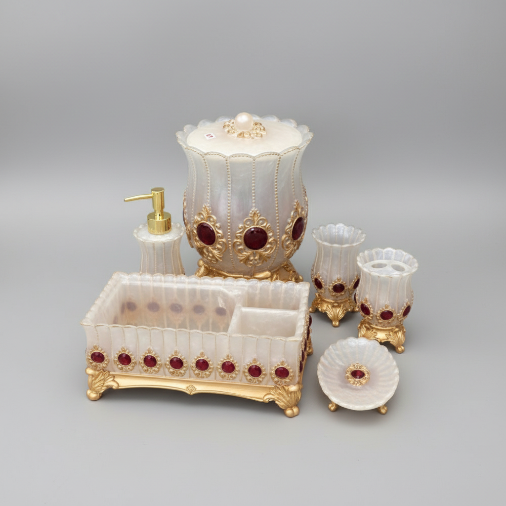 6 pc Bathroom Set White and Gold