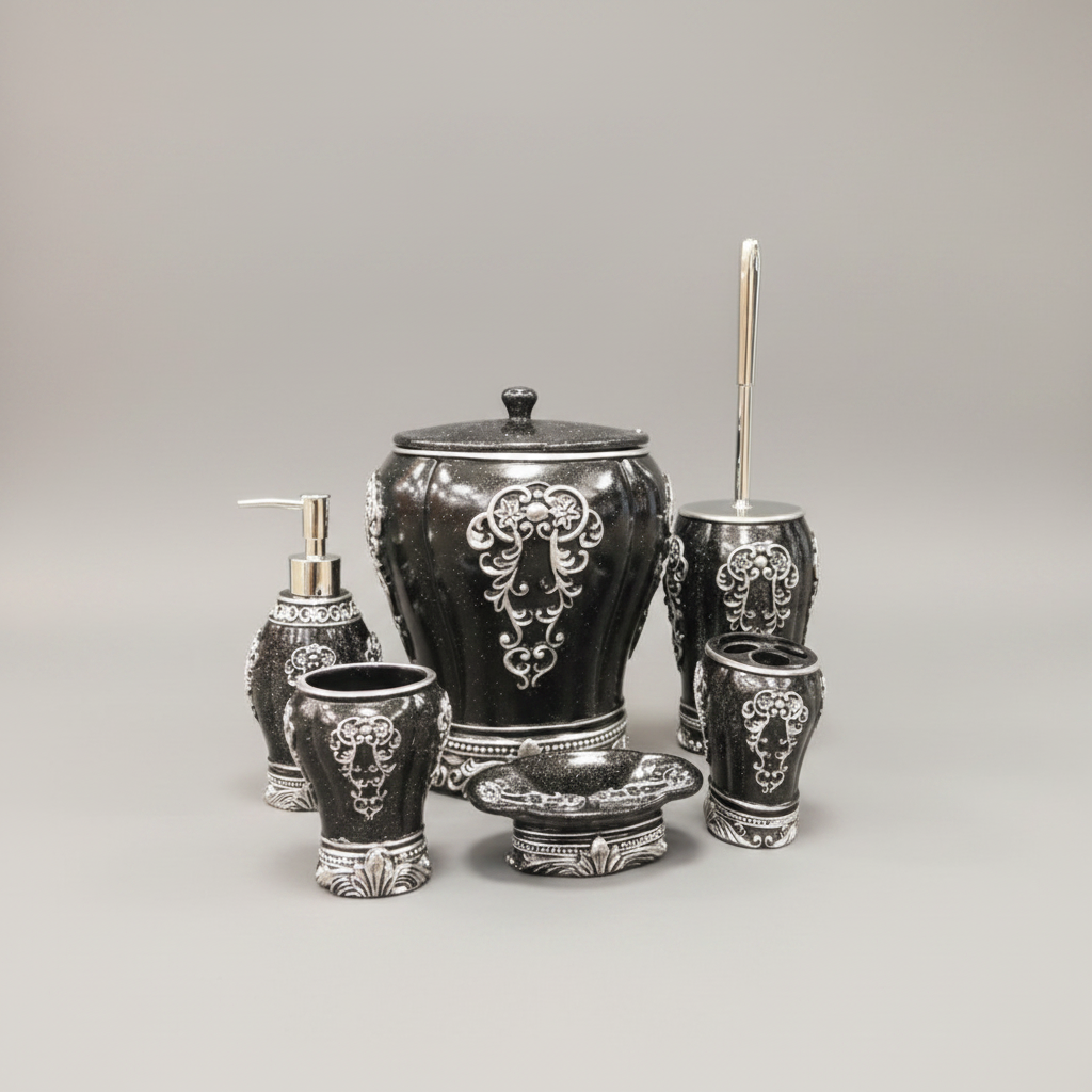 6 pc Bathroom Set Marble Black