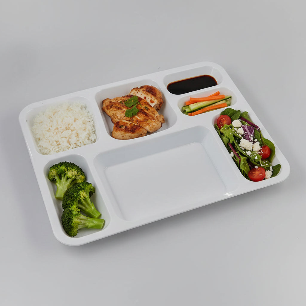 Rectangular White Acrylic 6 Compartment Plate - White