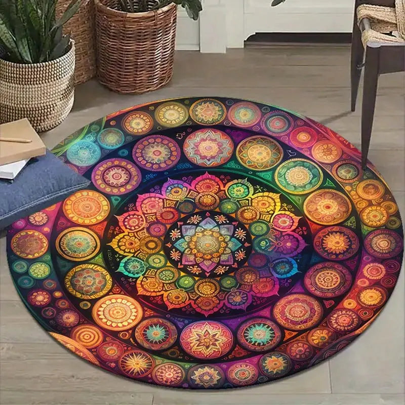 Round Mandala Polyester Area Rug - Soft, Non-Slip Carpet for Outdoor, Patio, Bedroom, Kitchen Home Decor - Durable and Colorful Design