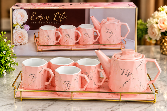 Pink Ceramic Tea Set: Tray, Teapot, and 4 Mugs