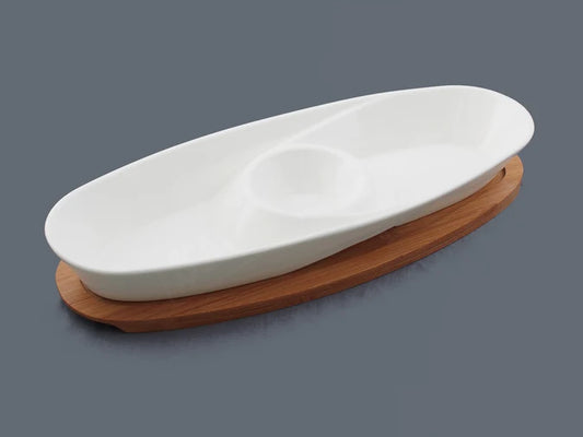 White Porcelain Serving Boat Dish & Bamboo Base