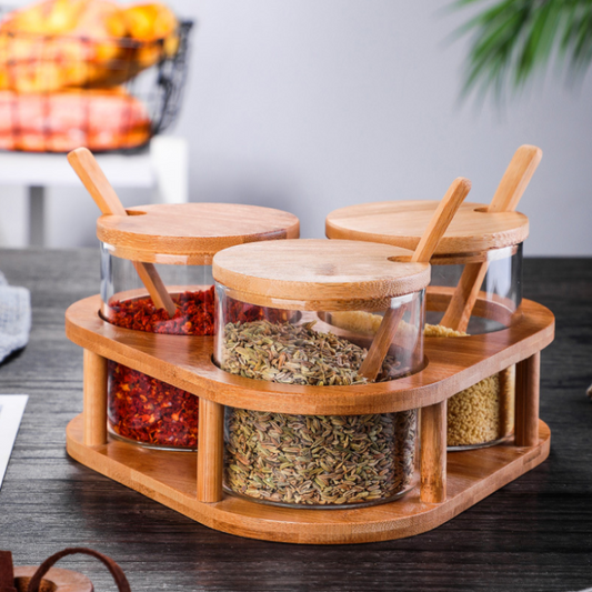 Triangle Bamboo Platform Spice Container Jar Set Spice Jar Set 3PCs Glass Jar Bamboo Cover Spoon and Tray
