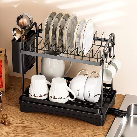2-Tier Metal Dish Drying Rack with Drainboard, Multifunctional Kitchen Dish Rack with Utensil Holder&Cutting Boards, Space Saving Dish Rack, Metal Kitchen Organizer