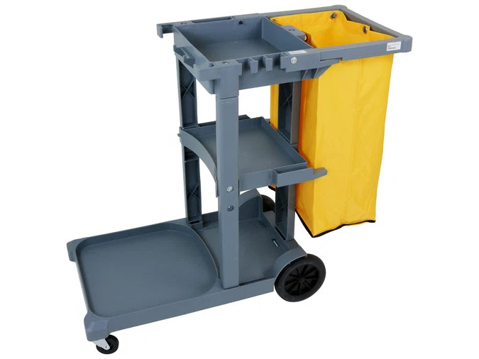 Janitor Trolley Service Cart 3x1/2 Shelf, Bucket Tray, Bag | Commercial Cleaning
