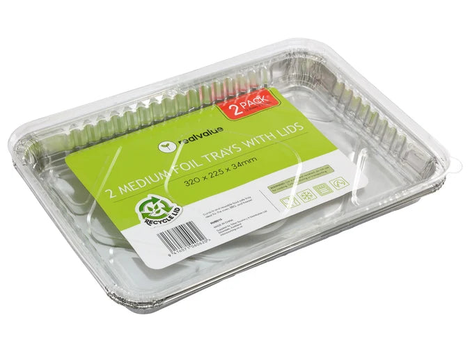 Pack of 2 Medium Foil Trays with Clear Plastic Lids - 32cm x 22.5cm x 3.4cm