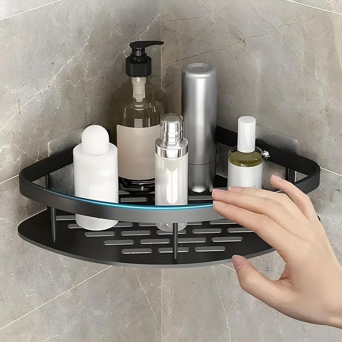 Bathroom Accessories Aluminium Heavy Duty Self Adhesive Bathroom Corner Shelf for Wall, Multipurpose Wall Mounted Bathroom Organiser, Washroom Organizer (Black) (Pack of 1)