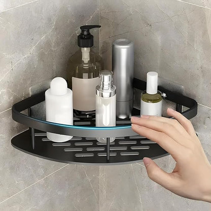 Bathroom Accessories Aluminium Heavy Duty Self Adhesive Bathroom Corner Shelf for Wall, Multipurpose Wall Mounted Bathroom Organiser, Washroom Organizer (Black) (Pack of 1)