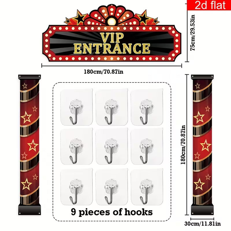2D flat banner, 3pcs VIP Door Entrance Party Backdrop Decorations Banner - Vibrant Hanging Banner, Cinema Welcome Porch Sign Red Carpet Party Decorations for Birthday Home Movie Photography Backdrop Party Supplies