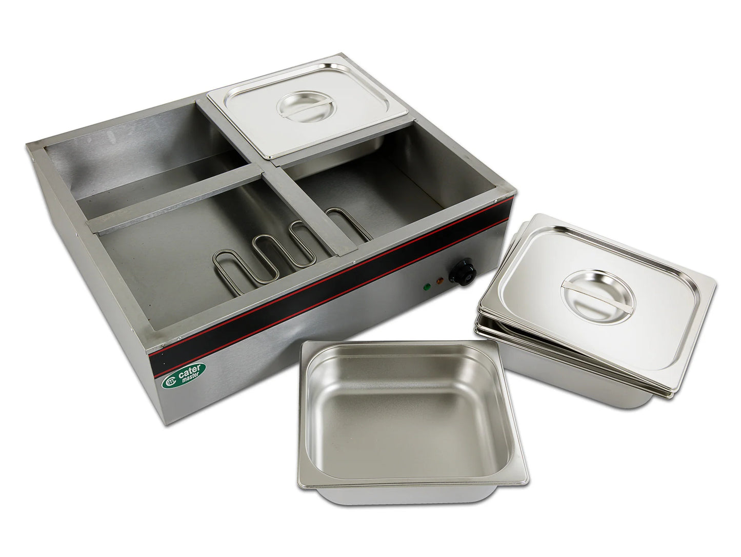 Hot Food Warmer Bain Marie 4x 1/2 GN Tray + Lids - 1.5kW - Commercial Bainmarie