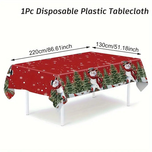Merry Christmas Red Tablecloth - Disposable Plastic with Snowman & Tree Design, Perfect for Holiday Decorations