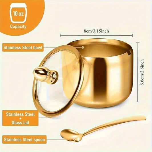 Elegant Golden Sugar Bowl with Lid and Spoon