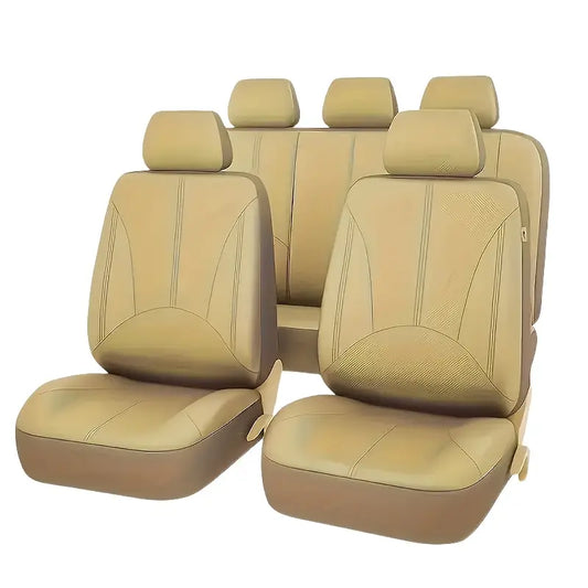 Faux Leather Universal Car Seat Cover 9pcs Set - Beige