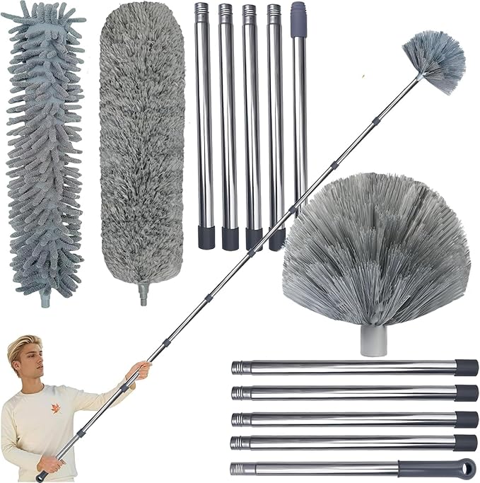 DIMBRAH Microfiber Duster Set 4.3M Extension Pole 3 Interchangeable Heads High Ceiling Cobweb Cleaner Indoor Outdoor Gray