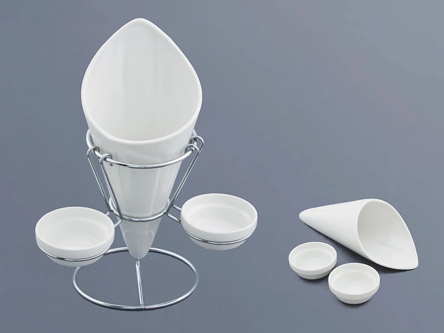 White Porcelain French Fries Holder & SS Stand