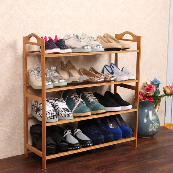 Bamboo 4 Tier Shoes Organizer Rack Tower Shelve Space Saving Storage Free Standing