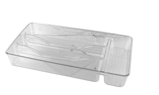 Cutlery Tray 4 Compartment Crystal Clear Plastic Kitchen Drawer Organiser Rack Utensils Spoons