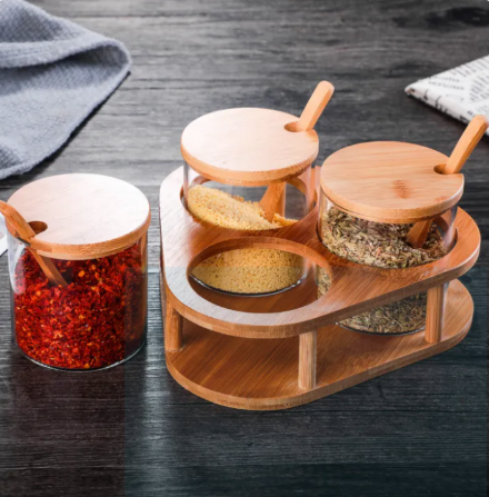 Triangle Bamboo Platform Spice Container Jar Set Spice Jar Set 3PCs Glass Jar Bamboo Cover Spoon and Tray
