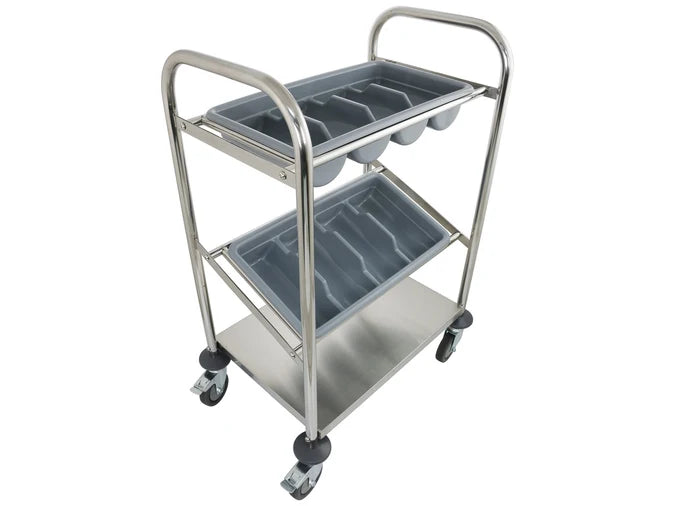 Stainless Steel Cutlery Trolley with 2 Trays & Shelf - 670 x 460 x 955mm High