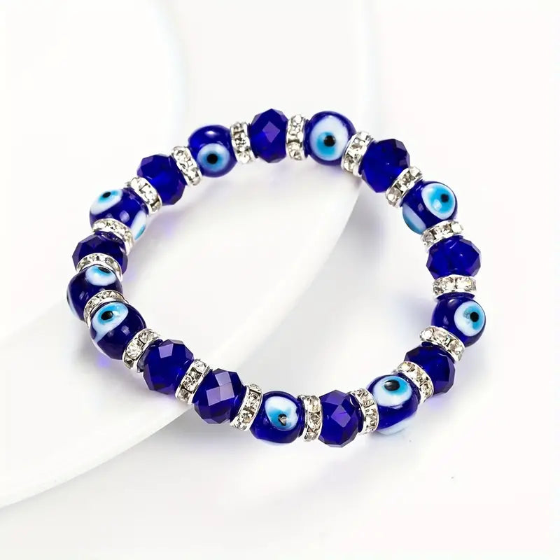 1pc Blue Evil Eye Glass Bead Bracelet, Adjustable Faceted Beads Bracelet, Horseshoe Charm Bracelet Jewelry For Men Women Lucky Eye