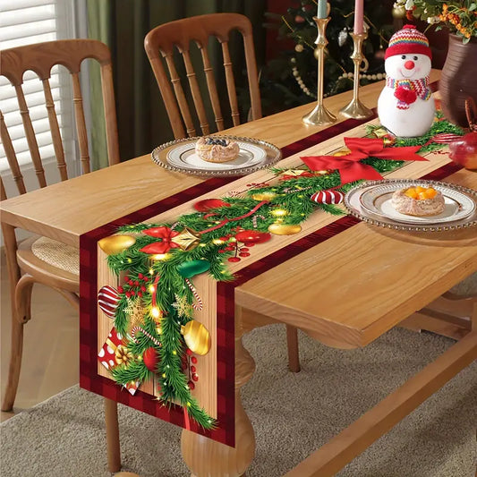 Merry Christmas Table Runner with Festive Bow &amp; Vine Design