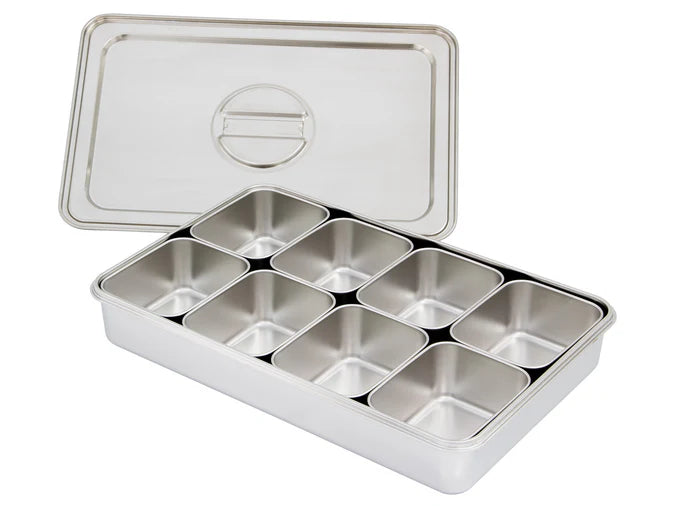 Stainless Steel Container Box Tray with 8 Small Pan Inserts